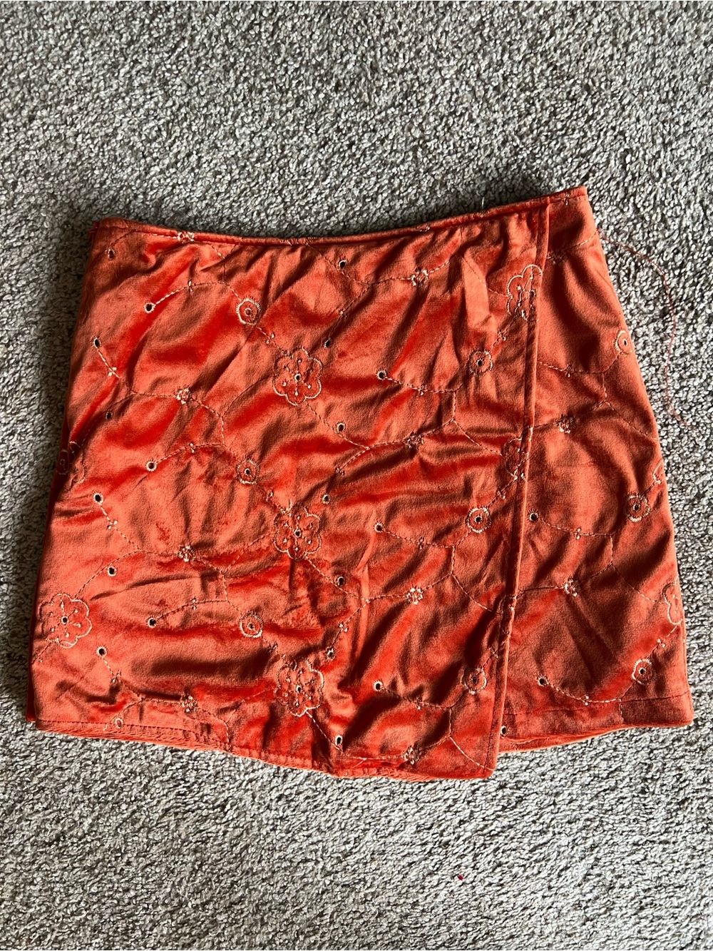 Cinder Embroidered Plush Orange Mini Skirt Small